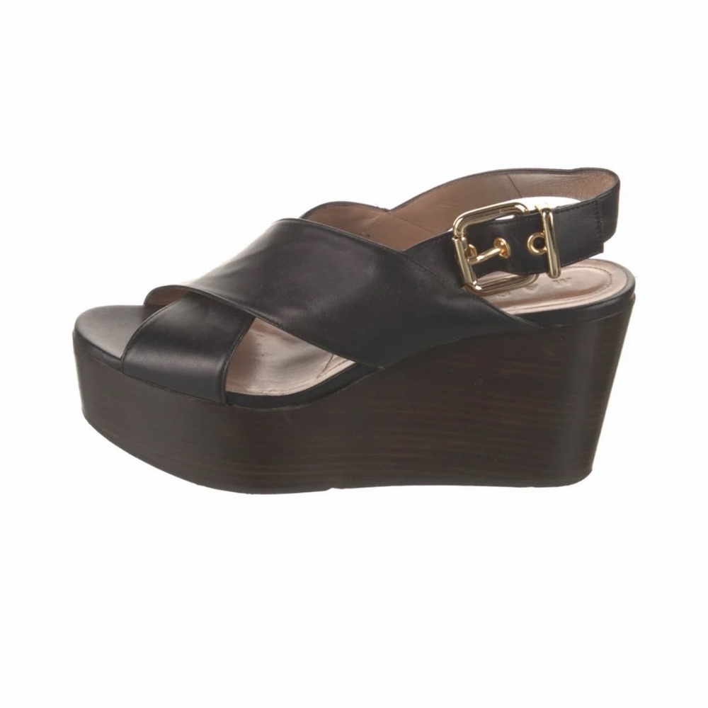 Marni Black Leather Crisscross Wedge Sandal with Gold Buckle Sz 37